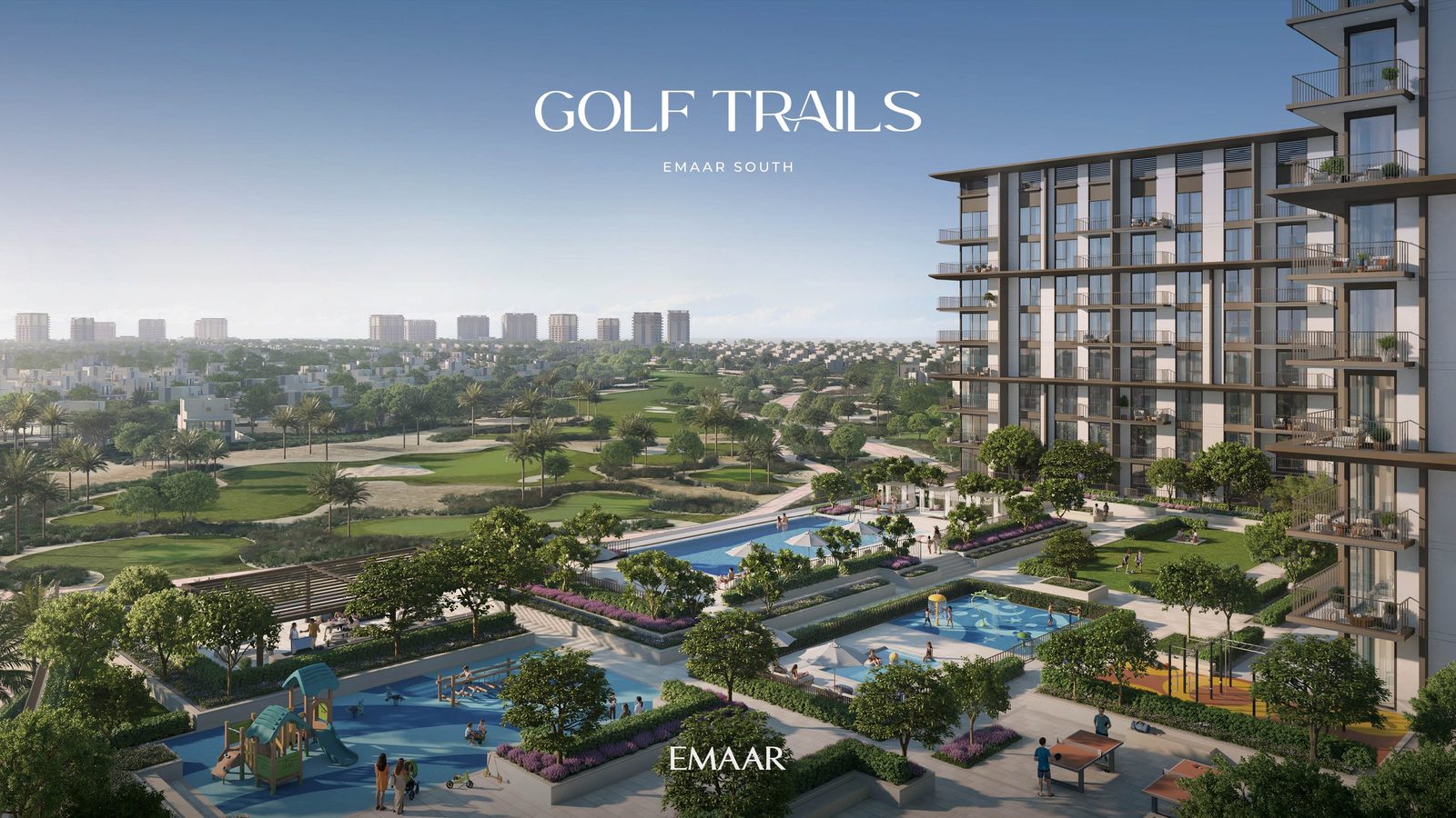 Golf Trails at Emaar South, the pools and the golf course beyond (Emaar's render)