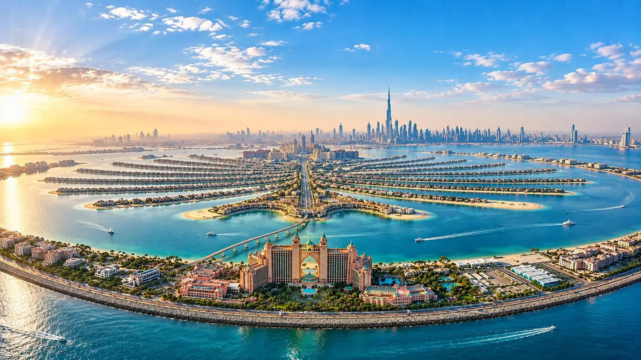 منظر جوي لنخلة جميرا وفندق أتلانتس باتجاه أفق دبي وبرج خليفة عند شروق الشمس