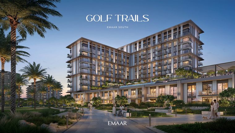 Golf Trails at Emaar South, the building and its gardens at dusk (Emaar's render)