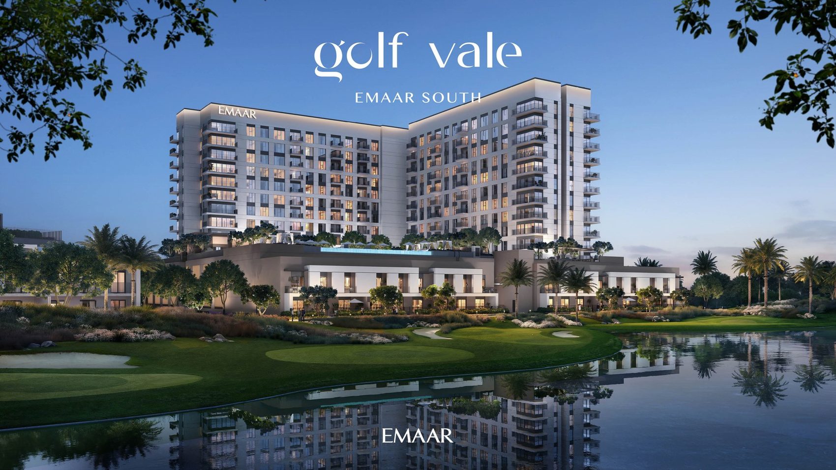Golf Vale at Emaar South, the building across the lake on the golf course (Emaar's render)