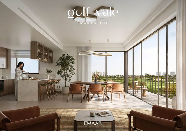 Golf Vale at Emaar South, an open-plan living and dining room with golf views (Emaar's render)