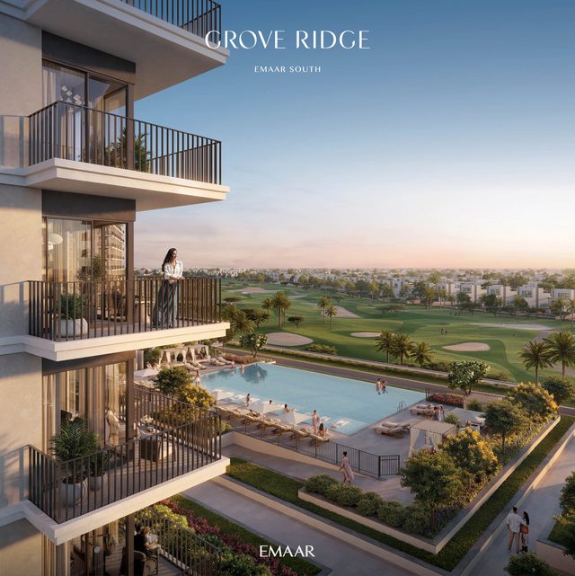 Grove Ridge at Emaar South, a balcony above the pool and the golf course (Emaar's render)