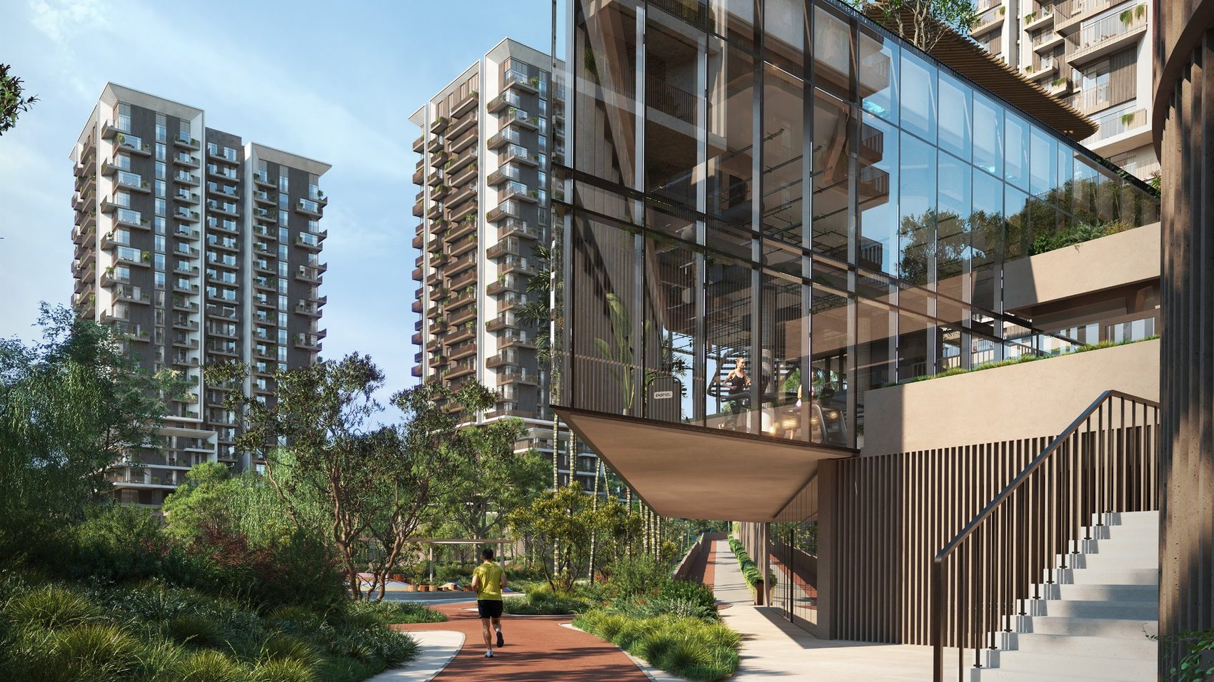 Rise by Athlon in Dubailand, the terraced podium over the park (Aldar's render)
