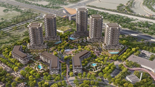Rise by Athlon in Dubailand, the apartment towers inside Athlon from the air (Aldar's render)