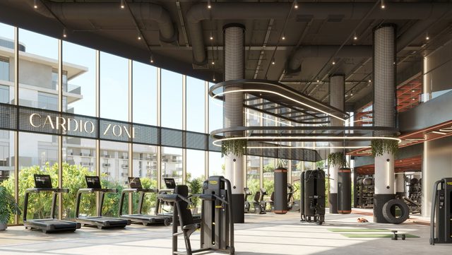Rise by Athlon in Dubailand, the gym in the terraced podium (Aldar's render)