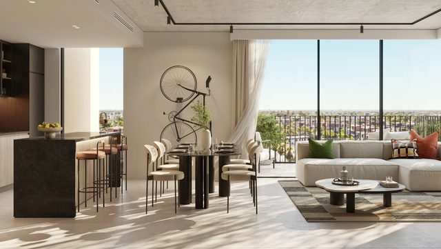 Rise by Athlon in Dubailand, an apartment living and dining room (Aldar's render)