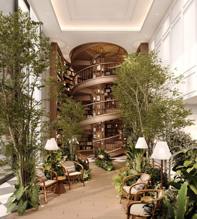 The Archive — the library atrium and its spiral of shelves