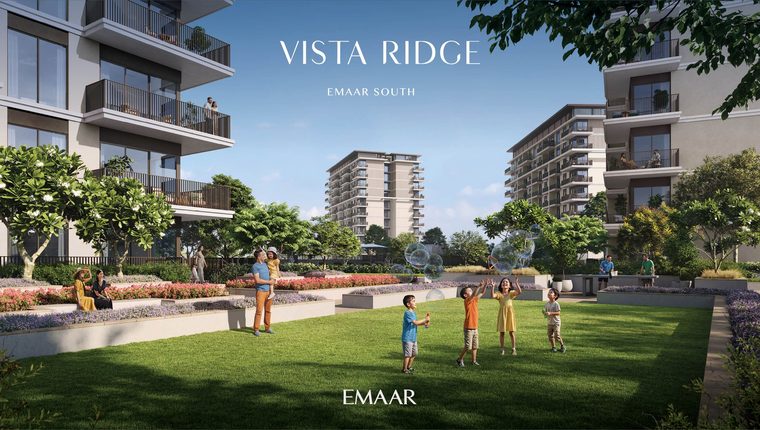 Vista Ridge at Emaar South, the garden lawn between the towers (Emaar's render)