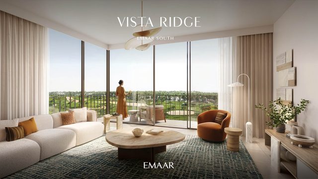 Vista Ridge at Emaar South, a living room with a view of the golf course (Emaar's render)